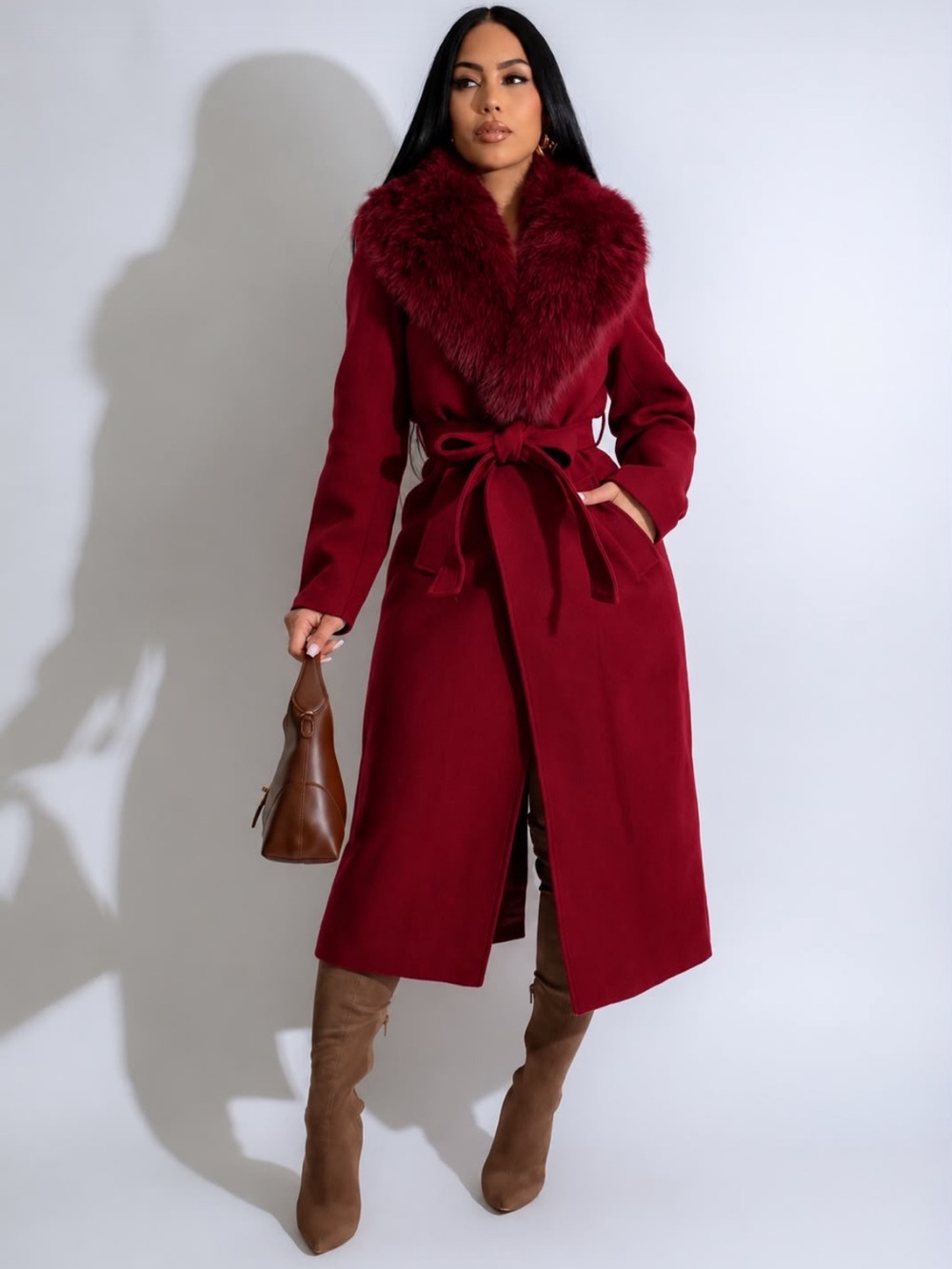 Classic Faux-Fur Collar Long Coat with Tie Belt